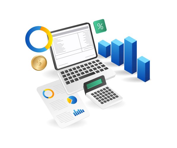 Isometric flat 3d illustration concept of computer calculating investment business income
